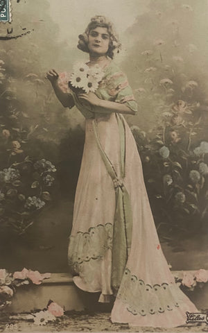 French Antique Postcard, Glamorous Lady, Long Lacy Dress, Bouquet Flowers // Vintage Paper Ephemera, Franked 1909