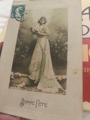 French Antique Postcard, Glamorous Lady, Long Lacy Dress, Bouquet Flowers // Vintage Paper Ephemera, Franked 1909