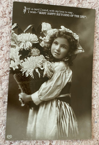 Antique Real Photo Birthday Postcard, Flower Girl with Chrysanthemums, Printed in Germany