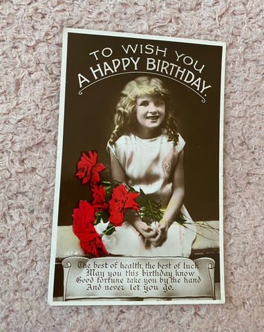 Antique Birthday Postcard, Young Girl with Flowers, Printed in Britain, Art Deco Graphics