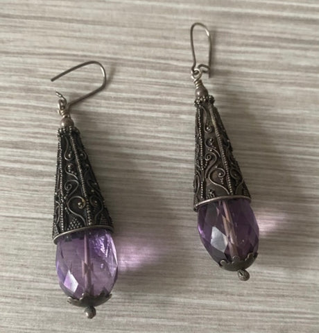 Amethyst Gemstone Earrings, Sterling Silver, Gothic Vintage Jewelry