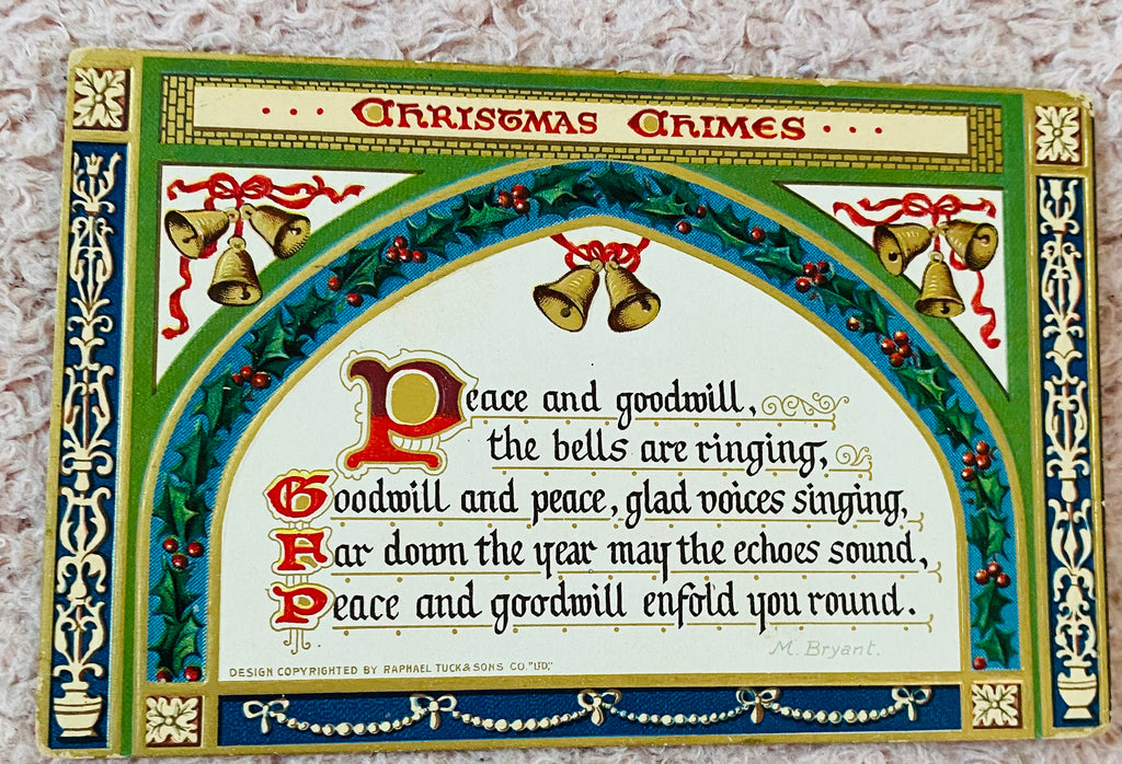 Embossed Christmas Postcard, Ringing Bells and Mistletoe, Raphael Tuck Publishers, Printed in Germany, Art Deco Imagery and Text