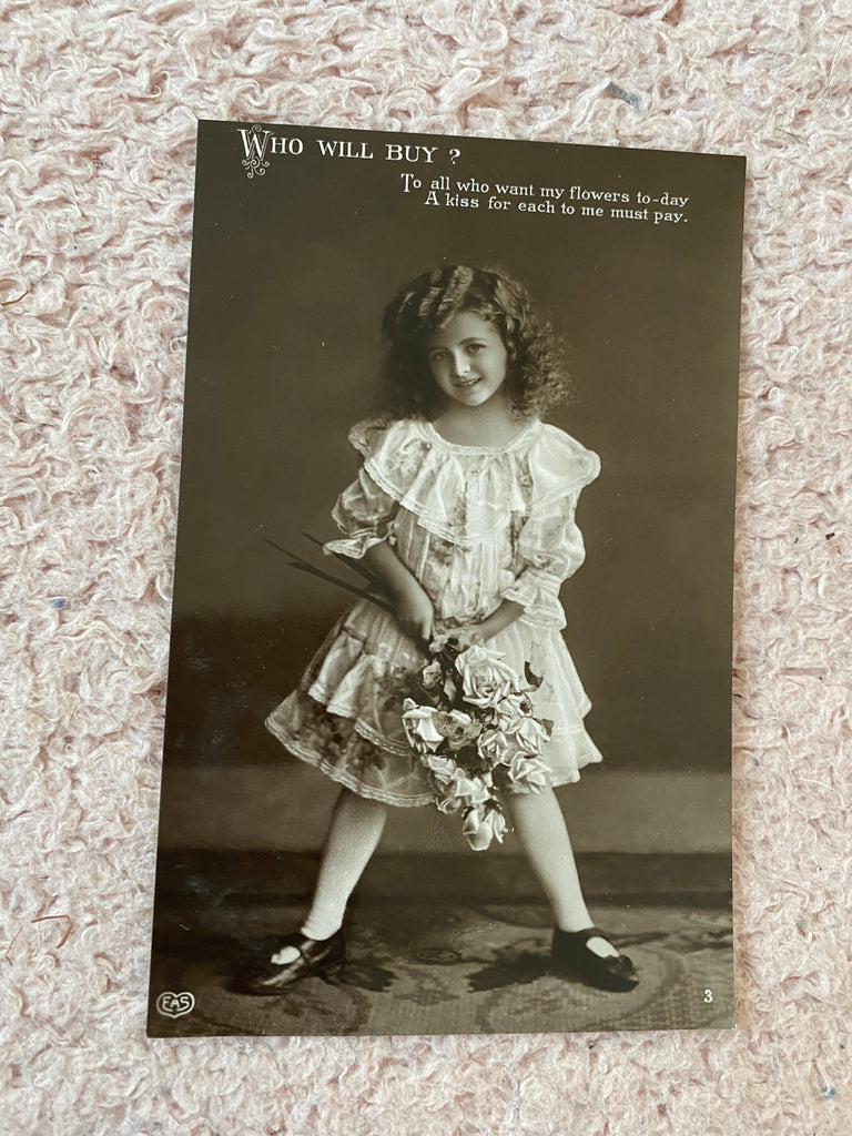 Antique Real Photo Birthday Postcard, 1911 Happy Girl with Flowers, Printed in Germany