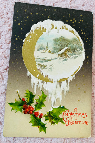 NOW SOLD Embossed Art Deco Christmas Postcard, Village Scene in Snow, Printed in Germany, Art Deco Chrome Lithograph