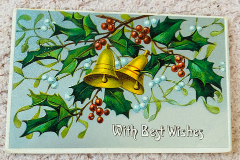 Embossed Chrome Lithograph Christmas Postcard, Ringing Bells and Mistletoe, Printed in Germany, Art Deco Imagery