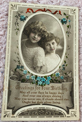 Edwardian Birthday Postcard, Pair of Children, Forget Me Not Flowers, Art Deco Graphics