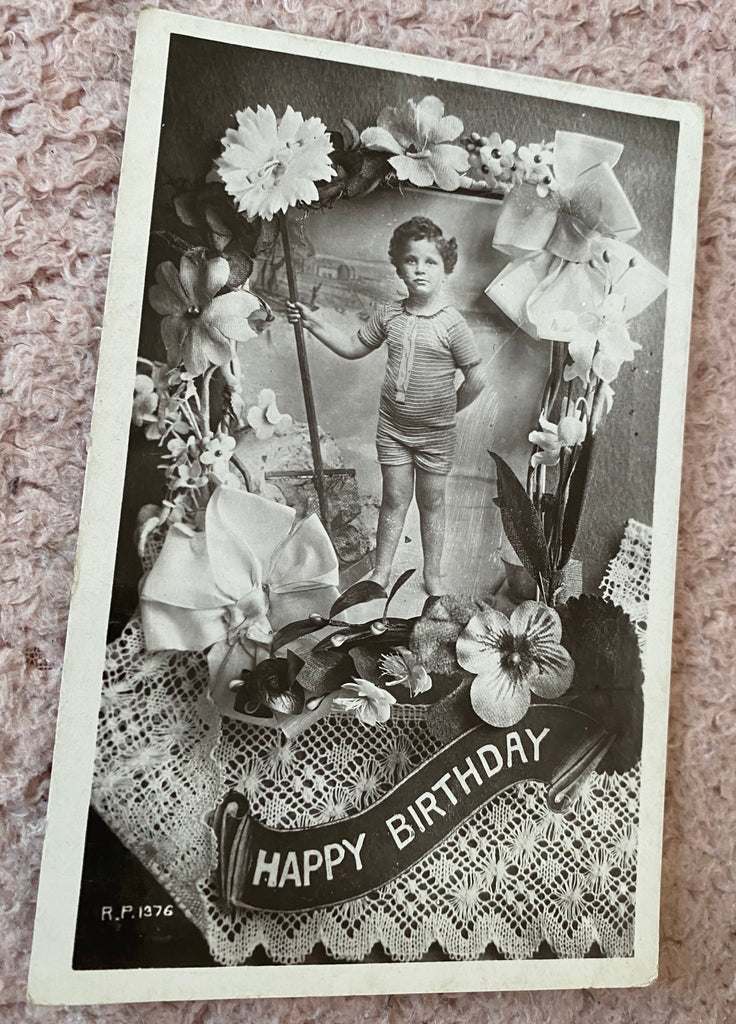 Edwardian Birthday Postcard, Young Boy holding a Net, Art Deco Graphics