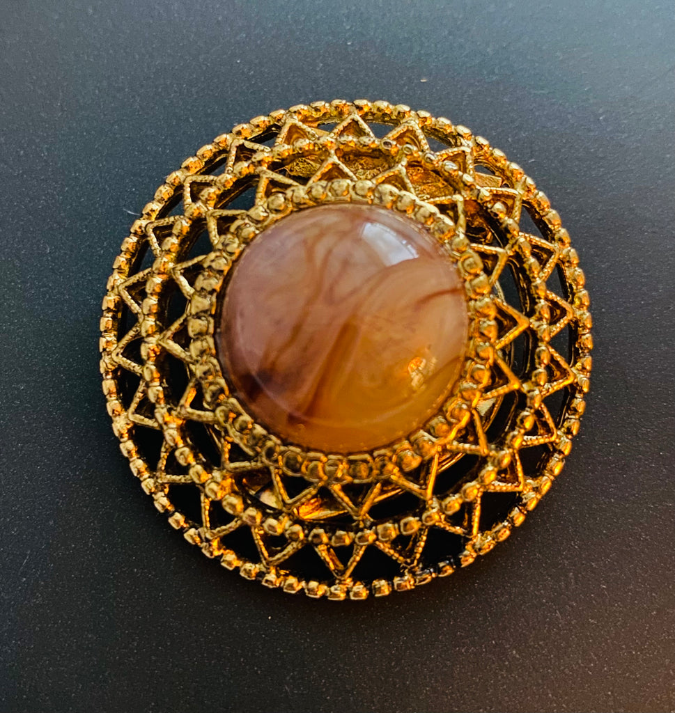 Scarf Clip, Pin, Gold Tone Criss Cross Filigree Design, Marbled Agate 1960s Vintage Jewelry