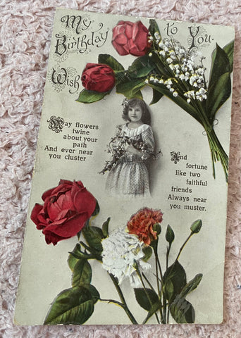 1930s Birthday Postcard, Floral Tribute. Red Roses Published by Alphalsa