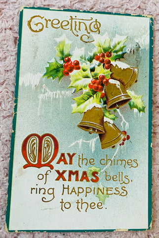 Embossed Antique Christmas Postcard, Ringing Bells and Mistletoe, Printed in Germany, Art Deco Imagery