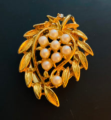 Scarf Clip, Pin, Gold Tone Leaf Design with Pearls, 1960s Vintage Jewelry
