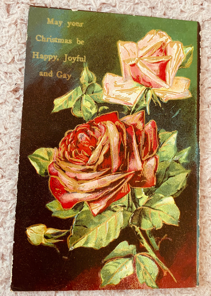 Embossed Floral Christmas Postcard, Pink and Red Roses, Printed in Germany, Circa 1900s to 1910s