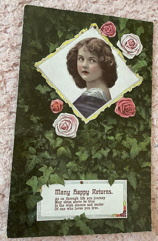 1920s Floral Birthday Postcard, Pretty Child Birthday Wish, Many Happy Returns