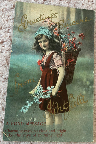 Greetings Postcard, Pretty Girl, Forget Me Nots, Basket Flowers, Forest