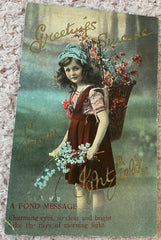Greetings Postcard, Pretty Girl, Forget Me Nots, Basket Flowers, Forest