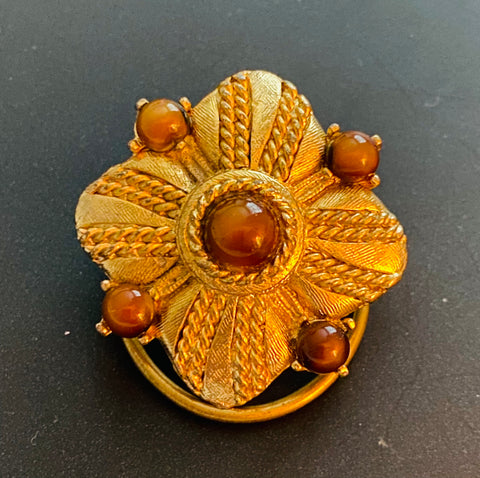 Scarf Clip, Pin, Gold Tone Agate, 1960s Vintage Jewelry