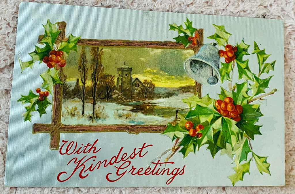 Embossed Art Deco Christmas Postcard, Village Scene, Printed in Germany, Art Deco Chrome Lithograph