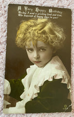 Antique Birthday Postcard, Real Photo, Young Boy with Ruffles, Printed in Britain, Art Deco Graphics