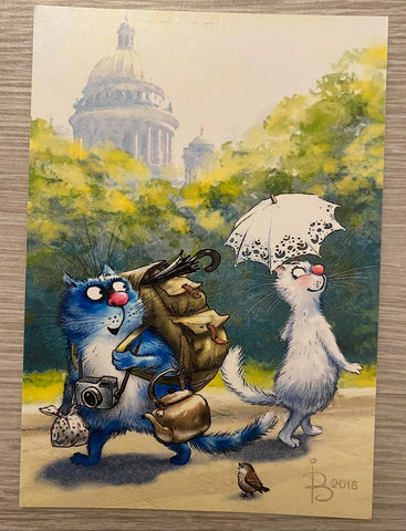 NOW SOLD Cats in the Park Postcard, Blue Cat Camper in Love