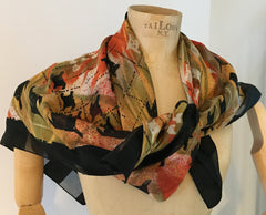Silk Scarf with Sheer Panels, Modernist, Black, Orange, 1980s Ladies Accessory