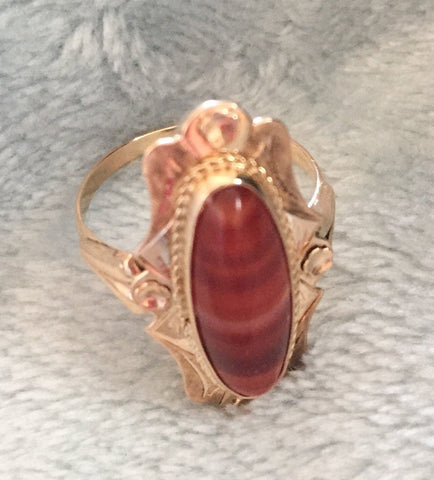 Banded Carnelian Ring, 14K Gold Ring, Art Nouveau Vintage Jewelry