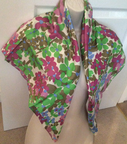 Vintage Silk Scarf, Fluorescent Floral, Green, Pink, Blue, Ladies Vintage Accessory