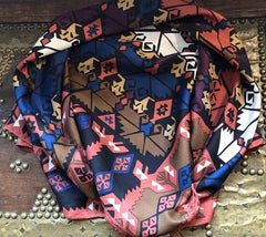 Beckford Silk Scarf, 31”, Mosaic Design, Blue Pink Coffee Colourway, VINTAGE