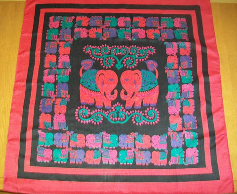 Colourful Elephant Silk Scarf, 40" Square, Vintage Thai Silk