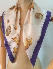Autumnal Scarf featuring Golden Leaves and a Purple Border, Rayon Vintage Fabric