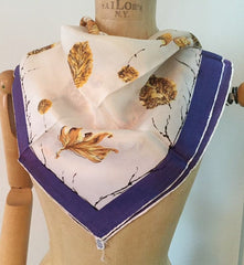 Autumnal Scarf featuring Golden Leaves and a Purple Border, Rayon Vintage Fabric