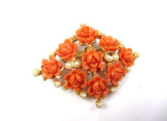NOW SOLD Celluloid Pin or Brooch, Coral Colour, Carved Rose, Pearls