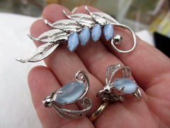 NOW SOLD Alice Caviness Brooch with Earrings Set, Sterling Silver, Moonstone, Vintage Jewelry