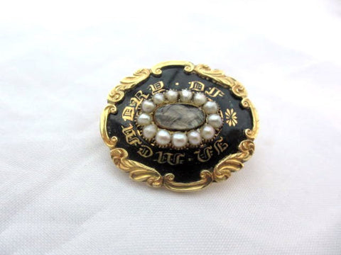 Victorian Mourning Brooch, Pearl, 14K Gold, Black Enamel, Vintage Fine Jewelry SALE