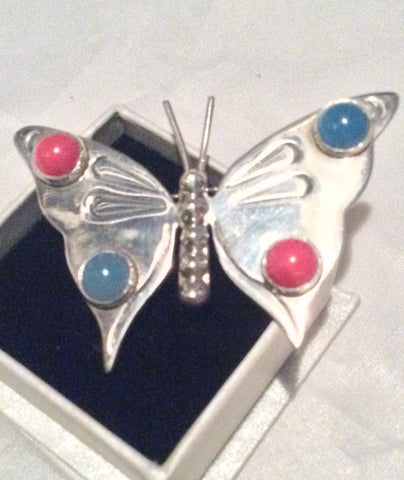 Butterfly Brooch Coral Chalcedony Mexican Sterling Silver Vintage Jewelry