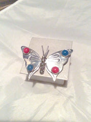 Butterfly Brooch Coral Chalcedony Mexican Sterling Silver Vintage Jewelry