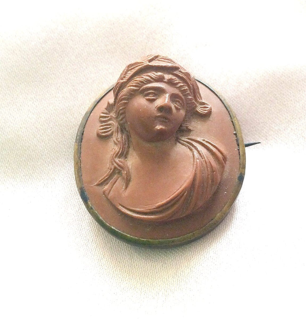 NOW SOLD Victorian Lava Cameo Brooch, Pinchbeck Gold, Fine Jewelry