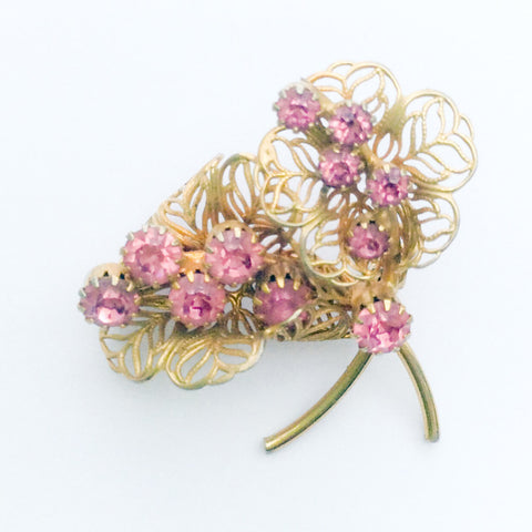 Judy Lee, Pink Rhinestone Brooch, Vintage Jewelry