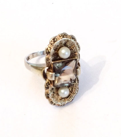 Fahrner Art Nouveau Ring, Smokey Topaz with Pearl, Sterling Silver, German Vintage Fine Jewelry