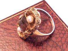 Fahrner Art Nouveau Ring, Smokey Topaz with Pearl, Sterling Silver, German Vintage Fine Jewelry