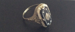 NOW SOLD Art Deco Ring, Onyx Diamond, Ostby & Barton, 14K White Gold, Vintage Fine Jewelry