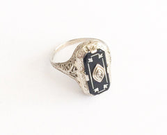 NOW SOLD Art Deco Ring, Onyx Diamond, Ostby & Barton, 14K White Gold, Vintage Fine Jewelry