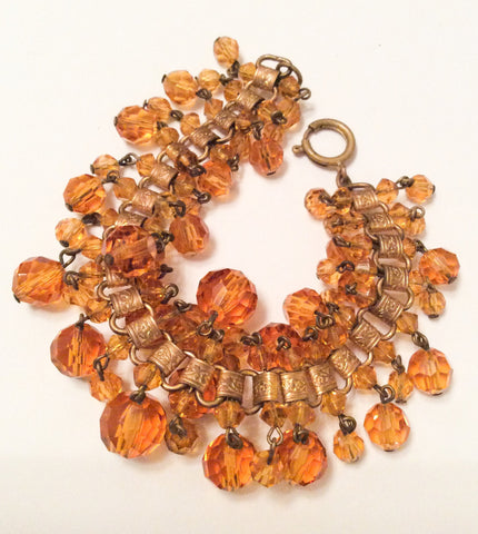 Bookchain Bracelet, Amber Glass Beads, Art Nouveau, Vintage Bracelet