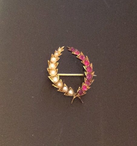 Victorian Ruby Pearl Brooch, Wheat Wreath, 15K Gold, Vintage Fine Jewelry