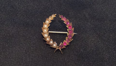 Victorian Ruby Pearl Brooch, Wheat Wreath, 15K Gold, Vintage Fine Jewelry