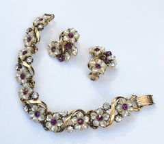Florenza Bracelet with Earrings, Amethyst Rhinestones, Mother of Pearl, 1950s Vintage Jewelry Set SALE
