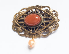 Carnelian with Pearl Brooch Art Deco Vintage Jewelry