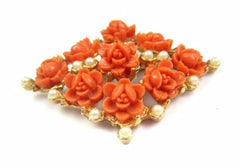 NOW SOLD Celluloid Pin or Brooch, Coral Colour, Carved Rose, Pearls