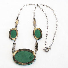 Art Deco Chrysoprase Necklace, Marcasite, Sterling Silver