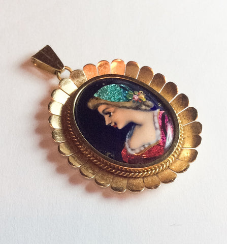 Enamel Lady Pendant, Iridescent, 18K Gold, Miniature Painting, Art Nouveau Vintage Fine Jewelry