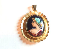 Enamel Lady Pendant, Iridescent, 18K Gold, Miniature Painting, Art Nouveau Vintage Fine Jewelry